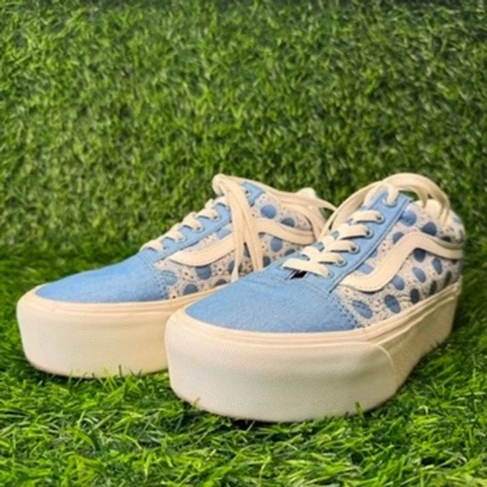 Vans Old Skool Stackform Blue Eyelet Denim Platform Sneakers Womens 7 Mens 5.5 - Picture 3 of 8